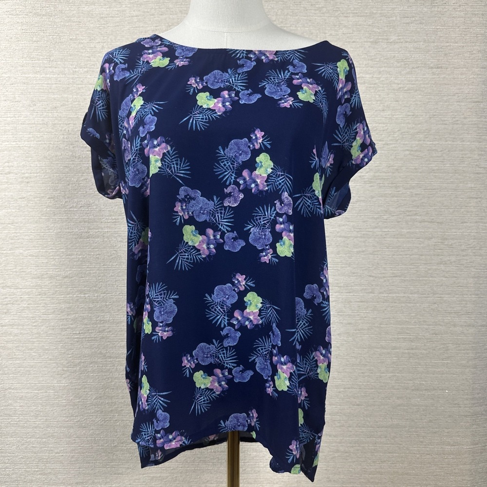 Pink Republic XL Tropical Floral Blouse Navy Sheer Chiffon Hawaiian Resort Top